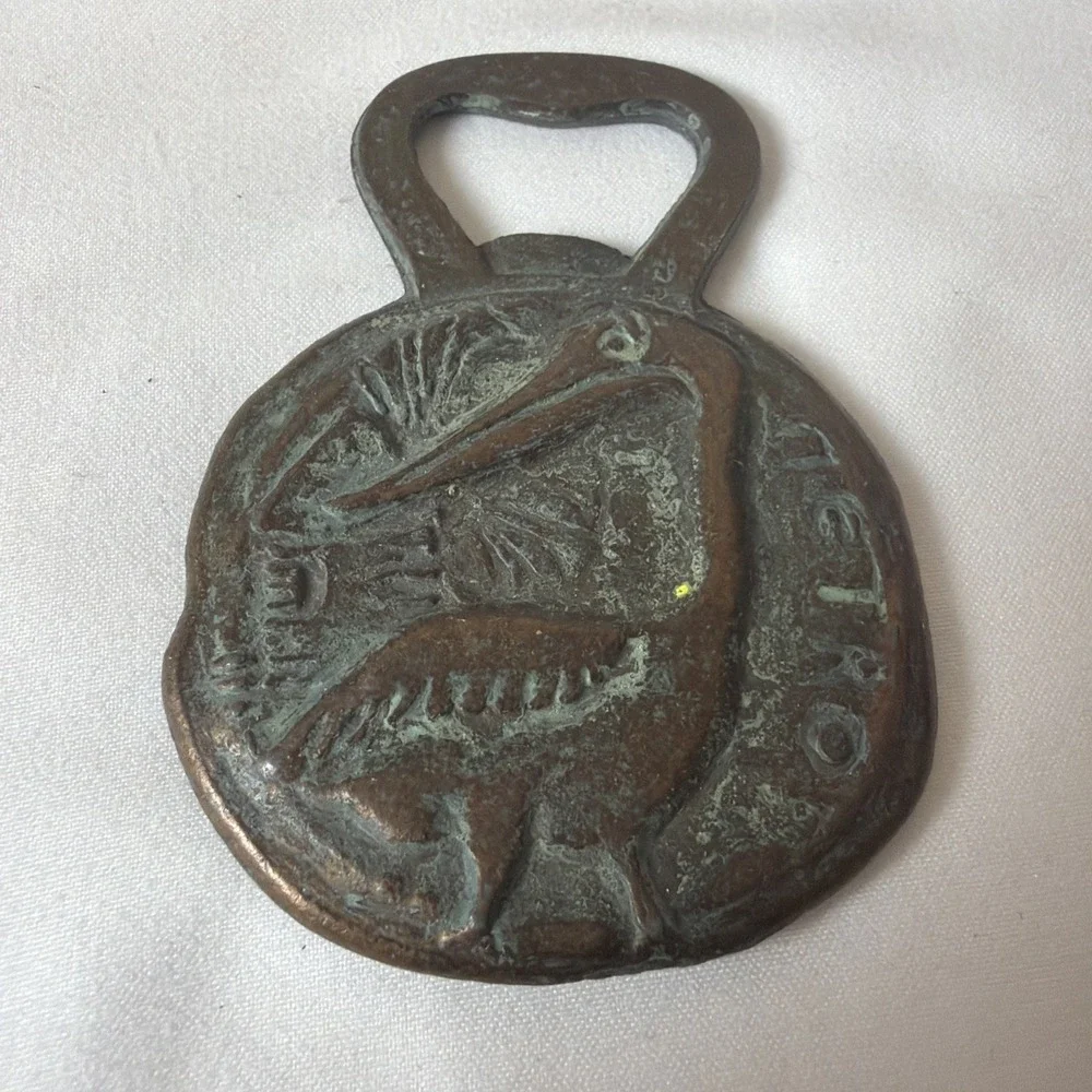 VTG Brass Greek Bottle Opener Double Sided Petros the Pelican & Windmill‎
